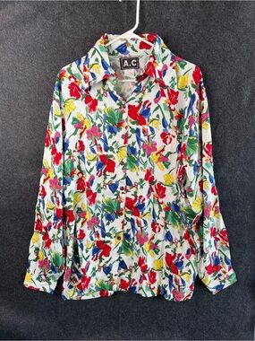 Vintage A.C Abstract Floral‎ Pattern 80s Seersucker Blouse Shirt Women’s Size XL